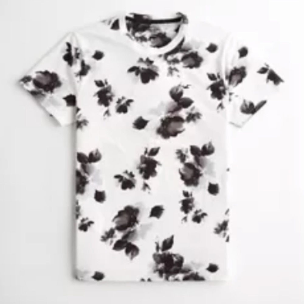S Hollister Mens Tee Floral white black crewneck